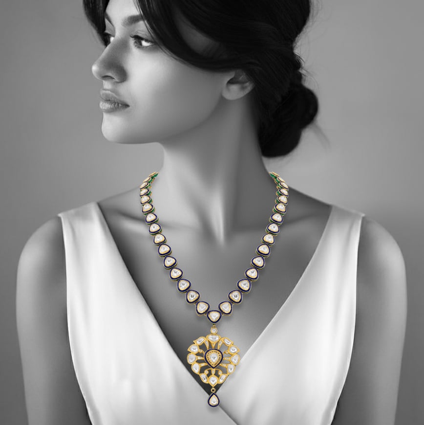 Polki Diamond Necklace with Blue Enamel and Pendant